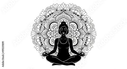 Black vector illustration of a woman silhouette sitting in a lotus yoga pose for zen meditation and spiritual relaxation