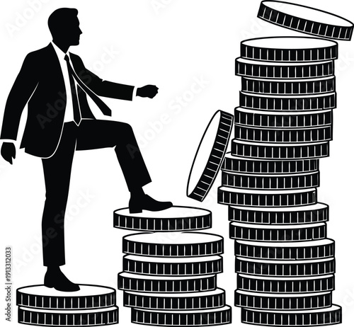 Successful businessman climbing a stack of coins in a professional setting illustration