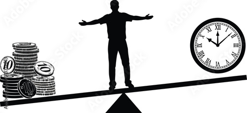 Man standing on a seesaw balancing coins and a large clock symbolizing financial uncertainty