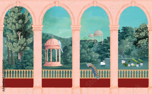 Mughal Garden, Mughal balcony Vintage wallpaper with garden arch place illustration.