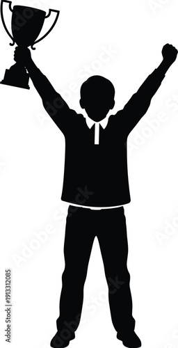Winner trophy silhouette, champion raising cup award, victory celebration pose, success achievement recognition, sports competition triumph illustration