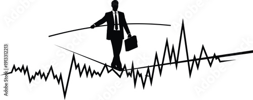 Businessman walking on a tightrope over a stock market graph line with briefcase