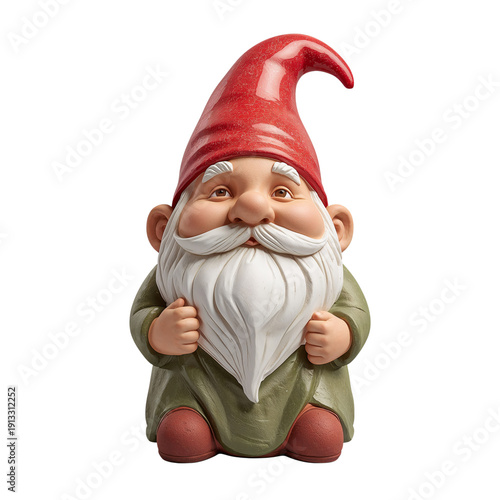 Decorative Garden Gnome Sitting on a Surface With a Red Hat and White Beard
