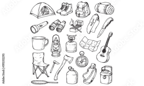 Camping Gear Collection - Tent Flashlight Backpack Compass Sketch Vector Illustration Bundle