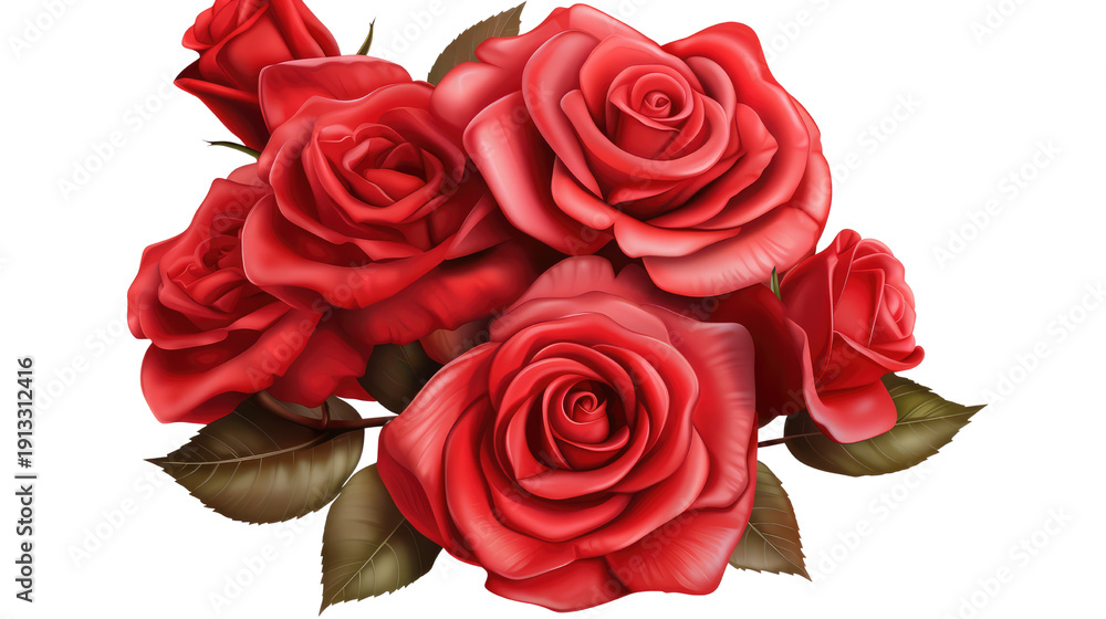 Obraz premium A beautiful bouquet of blooming red roses with green leaves isolated on a white background, perfect for a romantic Valentine gift, wedding celebration, or a floral symbol of love and beauty