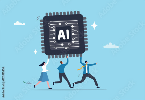 Embrace AI, Artificial Intelligence adoption, user or people who use AI to help and support work success, innovation or revolution to change business concept, business people carry AI processing chip