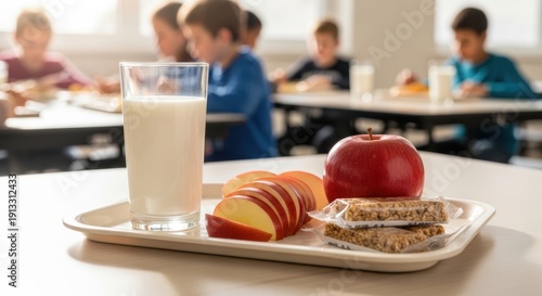 Children eat balanced lunch with milk apple granola bar in school cafeteria. Healthy meal, student nourishment, food tray on wooden table. Young kids eating, midday break, education.