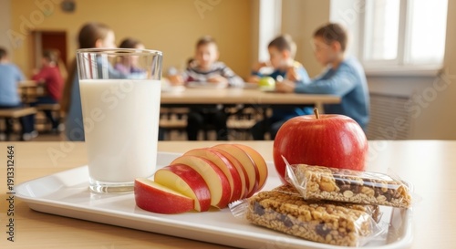 Children eat balanced lunch with milk apple granola bar in school cafeteria. Healthy meal, student nourishment, food tray on wooden table. Young kids eating, midday break, education.