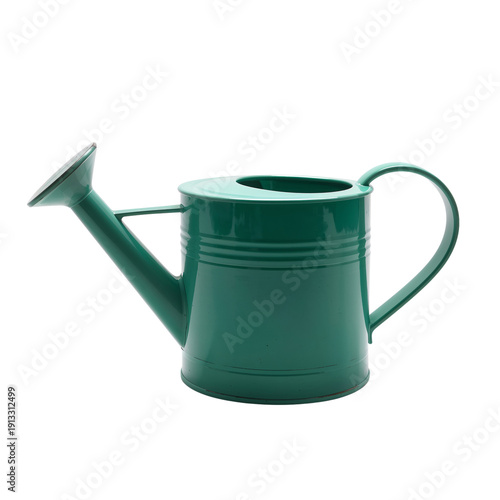 Green Watering Can Sits on a White Background for Gardening Use at Home or Ou...