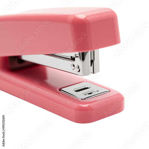 Bright Pink Stapler on a White Background With Open Mechanism