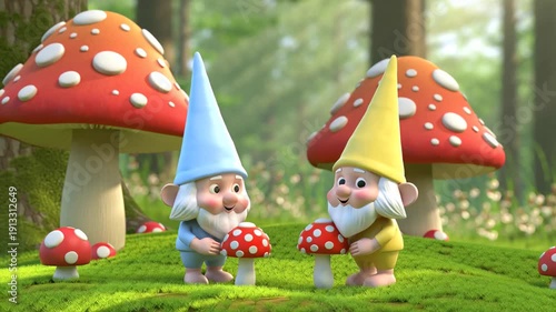 A cute cartoon gnome with a basket of mushrooms in the forest, 3D design