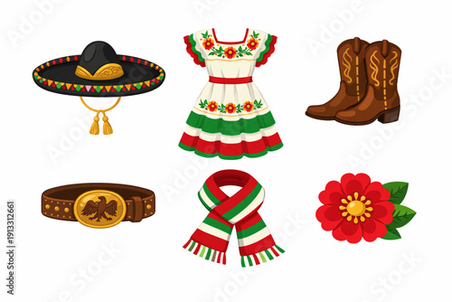 Cinco de Mayo Traditional Mexican Costume Icon Set