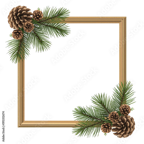 Winter Frame With Pine Branches and Pine Cones for Seasonal Decoration and Cr...