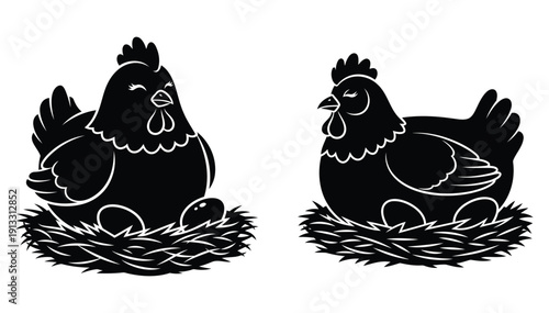 Two black silhouetted hens sitting on nests with eggs