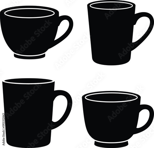 Set of coffee and tea mug silhouette icons showing hot drink cups
