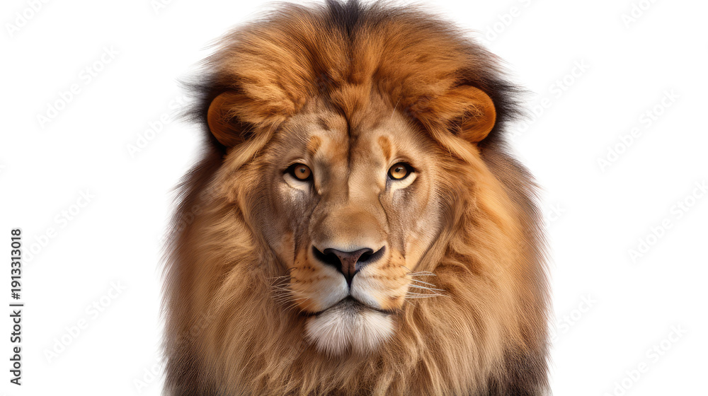 Fototapeta premium A majestic 8-year-old male lion with a thick mane sits isolated on a white background, captured in a high-quality wildlife portrait of the powerful feline predator Panthera leo