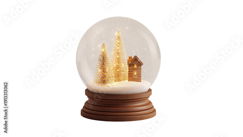 Christmas Snow Globe With a House and Trees in a Wooden Base and Glowing Ligh...