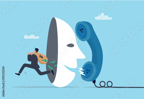 Phone scam, fraud or stealing money crime, cyber online safety hacking, thief with fake phone call or chat, illegal dishonesty concept, thief stealing money from mask talking on scam phone call.
