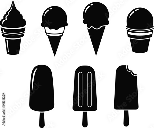 Set of black ice cream icons featuring soft serve waffle cones popsicles and frozen yogurt bars isolated on a white background