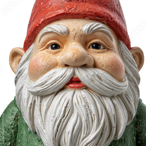 Garden Gnome Statue With a Red Hat and White Beard in a Close up View in a Ba...