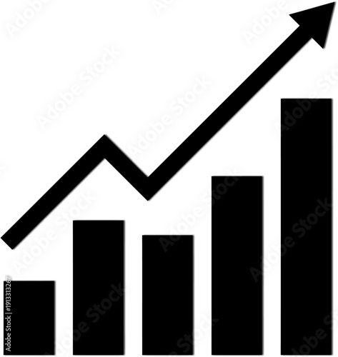 Black bar graph with upward trending arrow representing financial growth and positive business analytics isolated on white background