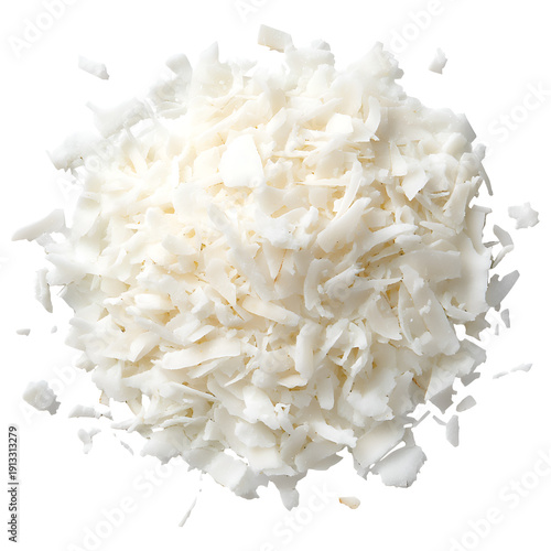 White shredded coconut flakes texture pile isolated on transparent background