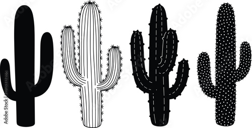Set of black saguaro cactus silhouettes and line art icons isolated on white background for desert nature landscape vector design