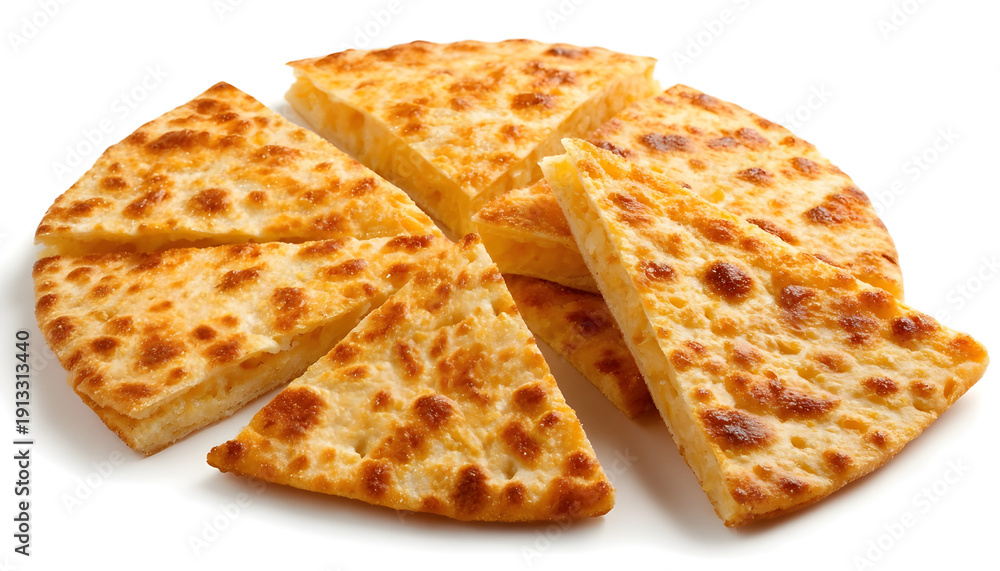 Fototapeta premium Chickpea flatbread with crispy golden brown texture and cut slices isolated on white background. Concept of Argentina Faina food