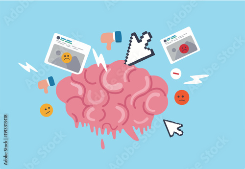 Brain rot toxic social media addiction causing depression, anxiety and negative harmful mind, online overwhelmed, cyber bullying or doomscrolling concept, human brain rot with toxic social media
