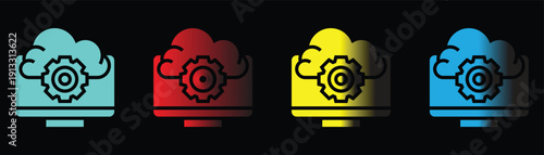 Multicolor cloud computing icons with servers on black background