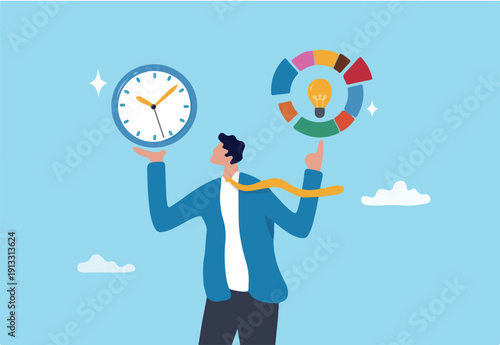 Time management, efficiency, productivity to finish work, delegation, finish tasks, prioritize responsibility, manage schedule, planning concept, businessman holding time clock with pie chart routine.