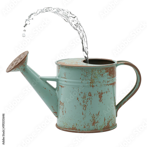 Water Flows From a Green Metal Watering Can for Plants in the Garden