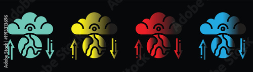 Colorful cloud icons with arrows indicating data transfer and network connectivity