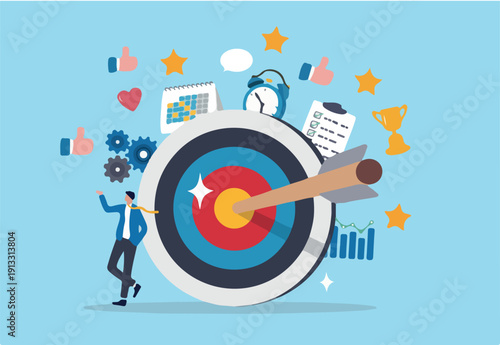 Goals setting, target achievement, focus on success outcome, planning to reach target bullseye, measurable result or clarity motivation concept, businessman with target bullseye and goal elements.