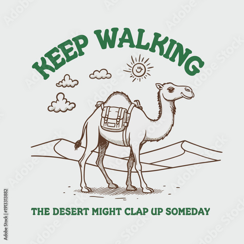 A whimsical camel with a saddle and pack embodying resilience and perseverance.