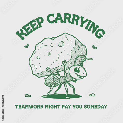 An ant carries a large rock with determination and a smile.