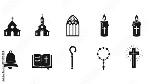 A collection of black silhouette icons representing various Christian religious symbols and elements of worship on a white background