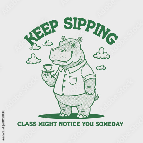 A Hippo in a Shirt Holding a Cup of Tea.