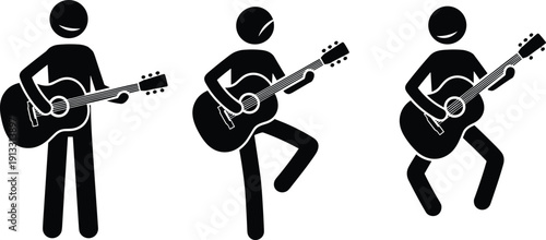 Stick figure playing acoustic guitar, musician performing music, guitarist silhouette icons set, happy person strumming strings, creative hobby vector illustration.
