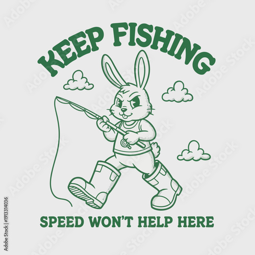 Cartoon rabbit fishing with rod and reel.