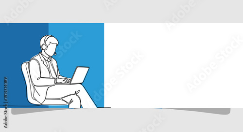 Remote Worker with Laptop – Flat One-Line Business Illustration with Bold Blue Accent Block and Right-Side Copy Space