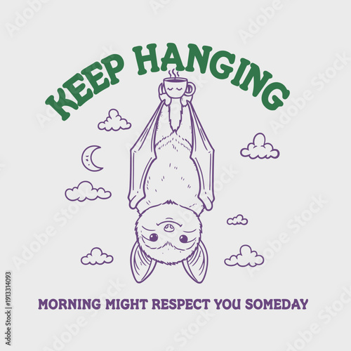 Cute Bat Hanging Upside Down Holding Coffee Cup.