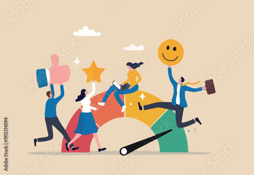 Employee engagement, commitment or motivation to success with company, staff dedication or job satisfaction, productivity or employee recognition, business people employee with stars and happy reward.