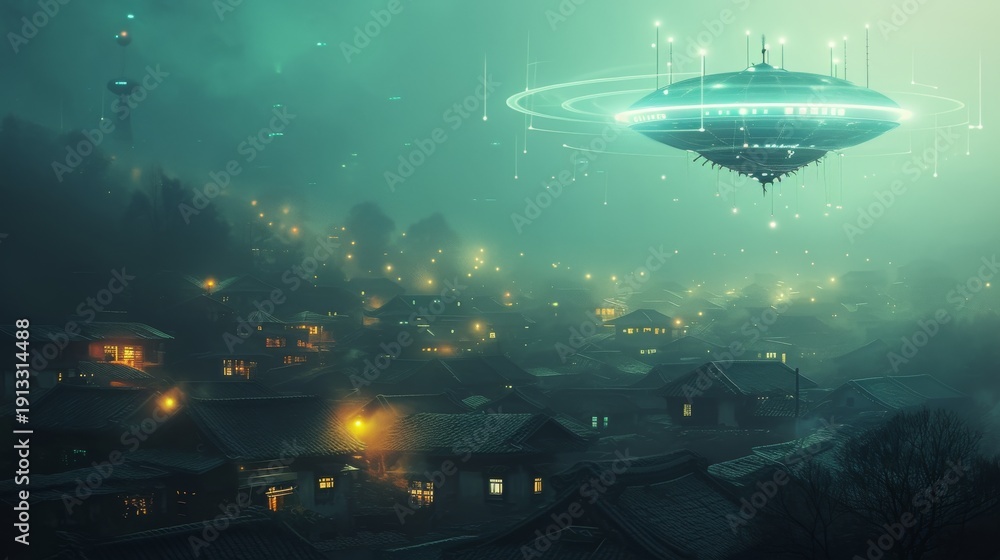 Fototapeta premium Futuristic UFO Spaceship Hovering Over Traditional Village At Night In Fog