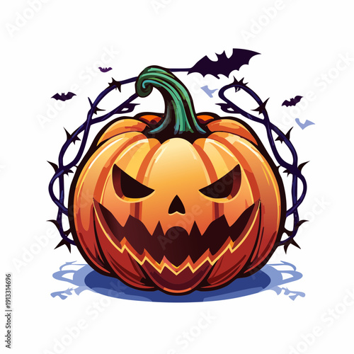 Spooky Halloween pumpkin with menacing face and bats.