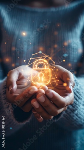 Hands Cupped Protecting Glowing Digital Padlock Data Security And Cyber Privacy
