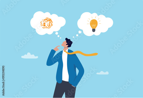 Problem solving, solution or strategic thinking, creativity to solve frustrated problem, contemplation on messy issue, opportunity discovery, businessman thinking with mess problem and lightbulb idea