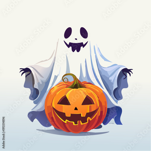 A cartoon ghost holding a pumpkin for Halloween.