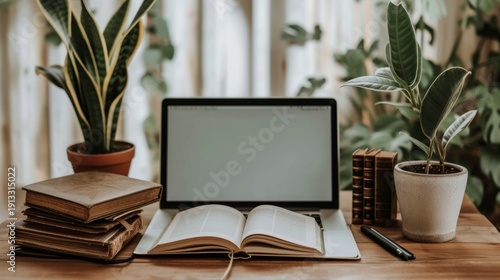 Open Book And Laptop On Wooden Desk In Sunlit Cozy Home Library