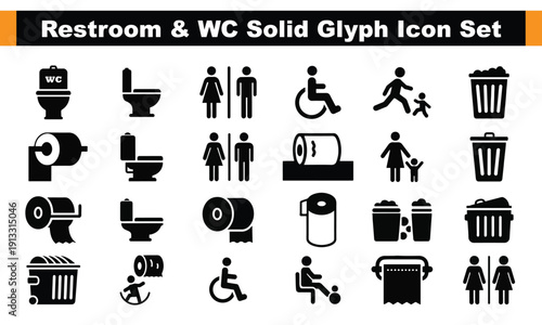 A set of black and white icons depicting various restroom and toilet symbols for design use